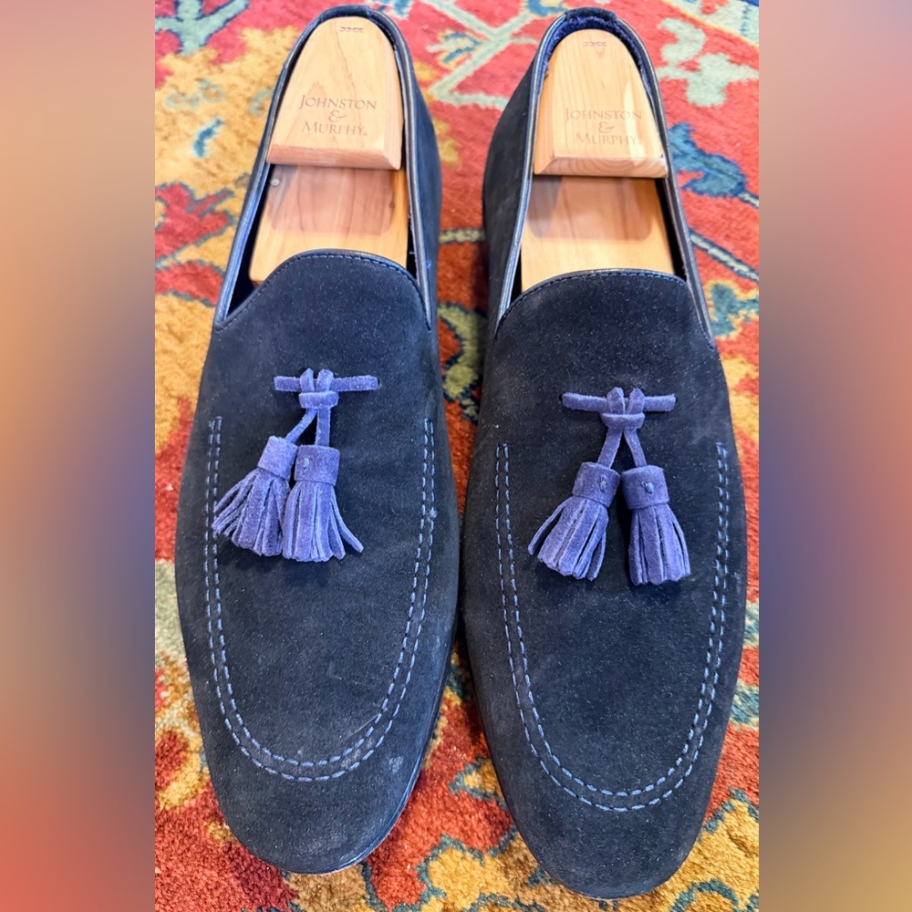To Boot New York made in Italy men’s black suede & blue tassel loafers Sz 11